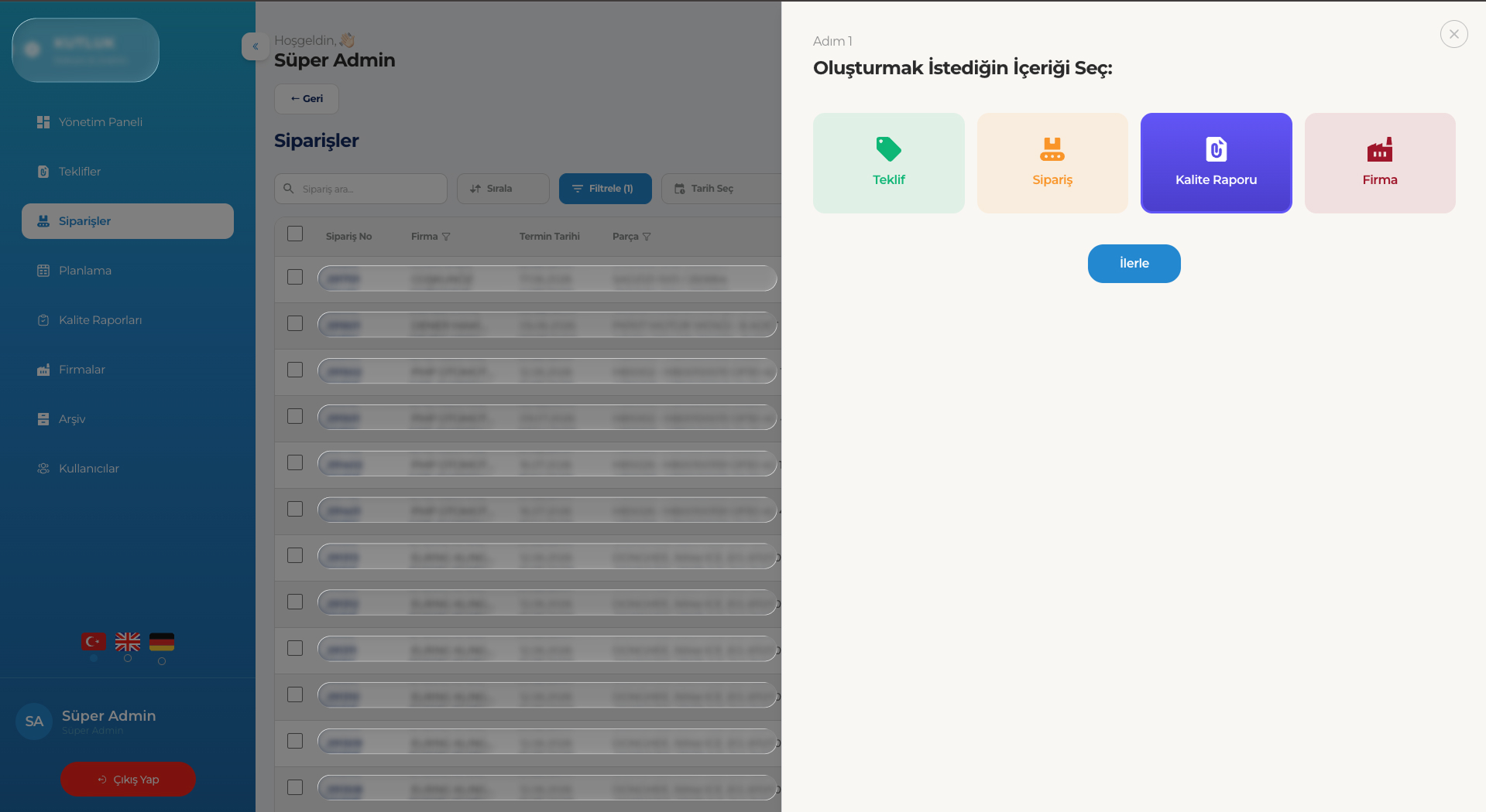 Yeni Oluştur — entity wizard for Teklif, Sipariş, Kalite Raporu, Firma