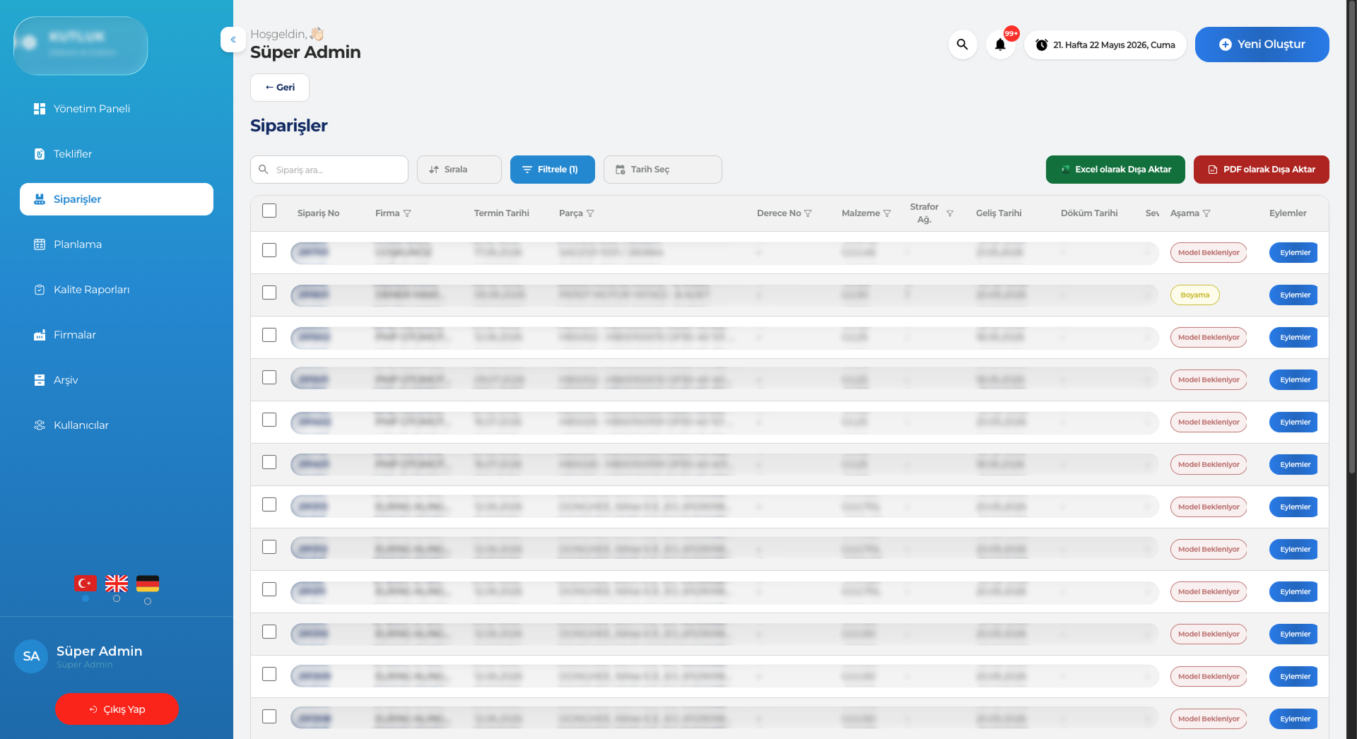 Siparişler — filterable order table with stage badges and PDF/Excel export