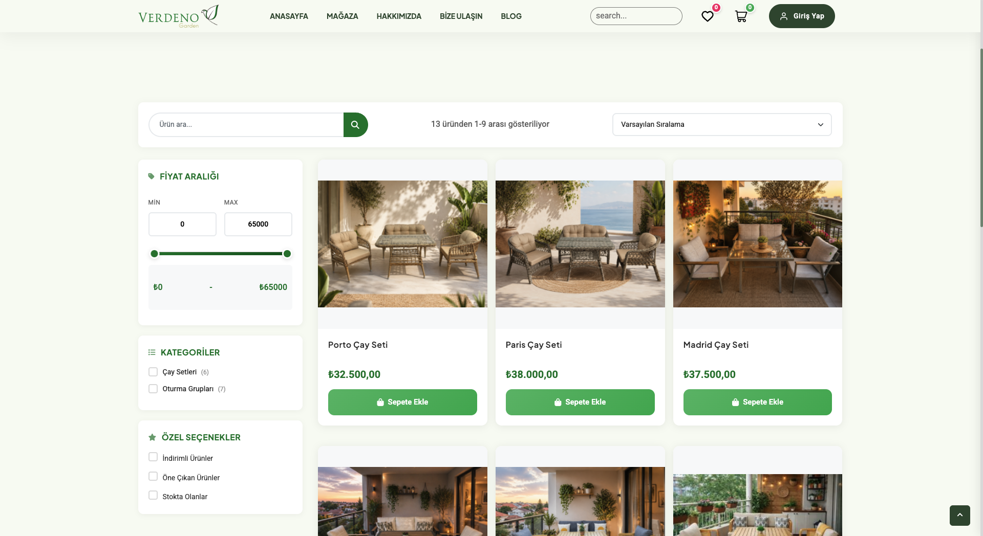 Verdeno Garden — Mağaza (shop) page with product cards Porto, Paris, Madrid Çay Seti and price filters